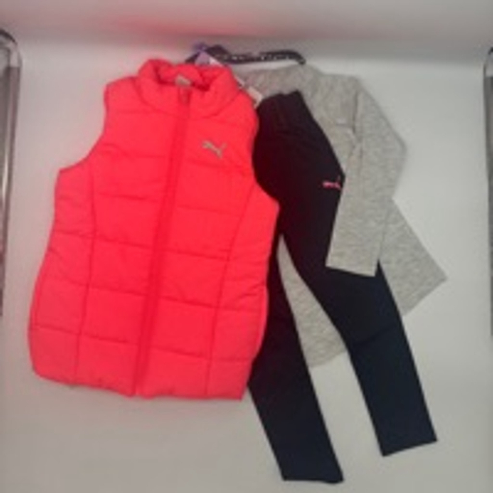 Girls PUMA 3 piece Puffer Set Vest, Top & Leggings Size 5/6 Pink & Black